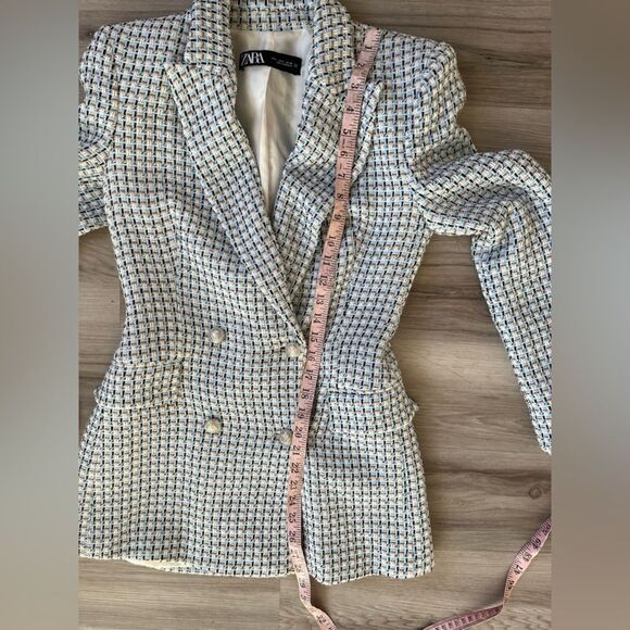 Zara Small Blue Double Breasted Blue Tweed Blazer - Picture 5 of 6